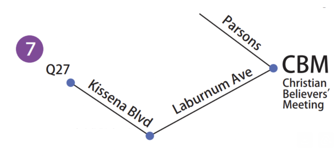 Map: from the Q27 bus on Kissena Blvd, walk along Laburnum Ave toward Parsons Blvd to CBM